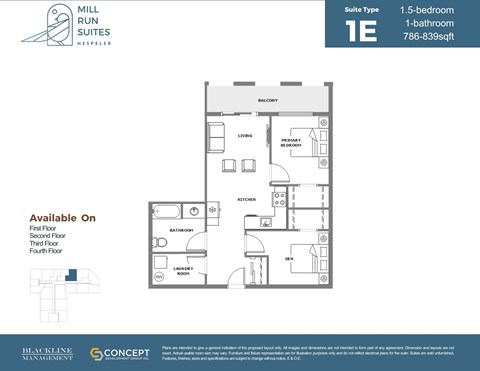 A floor plan for a 1.5-bedroom, 1-bathroom suite is available on the first, third, and fourth floors.